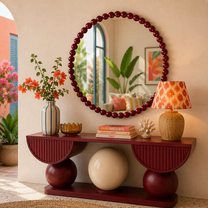 Luxury Burgundy Beaded Round Wall Mirror BW51